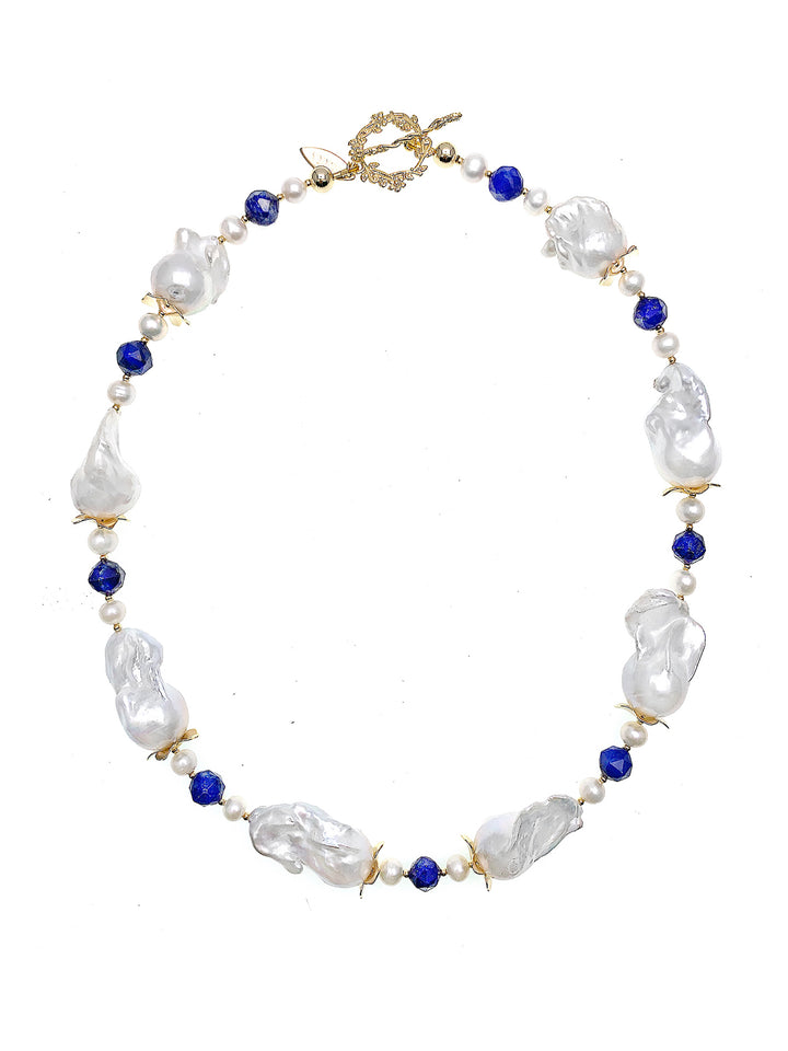 Baroque Pearls With Lapis Short Necklace HN002 - FARRA