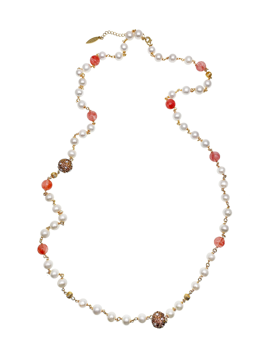 Freshwater Pearls with Watermelon Quartz Long Necklace GN004 - FARRA