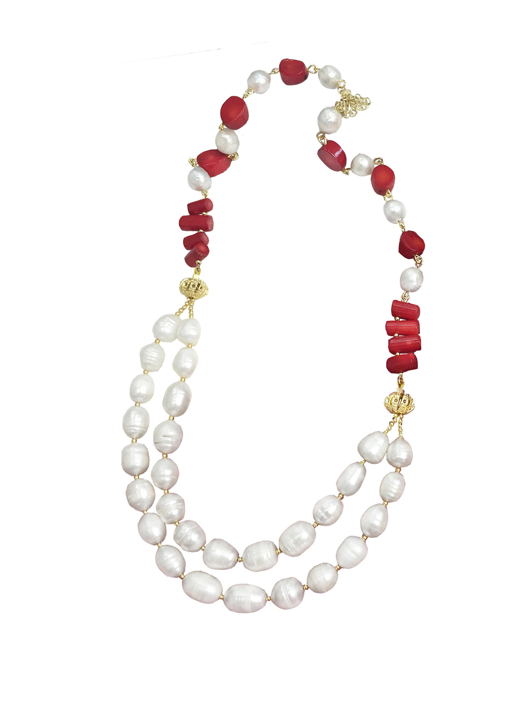 Freshwater Pearls With Corals Double Strands Necklace CN010 - FARRA