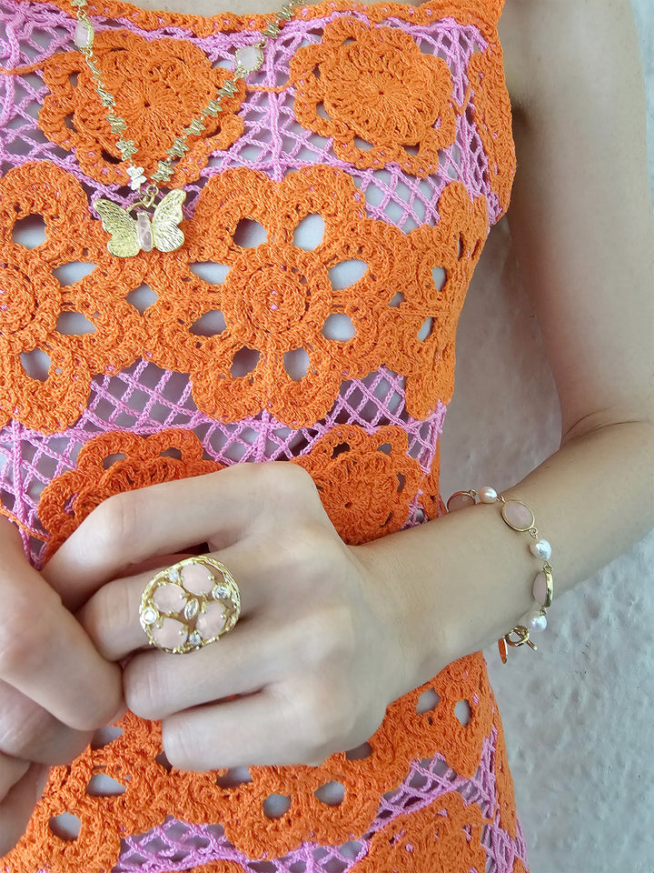 Rose Quartz With Zircon Setting Statement Ring PR014