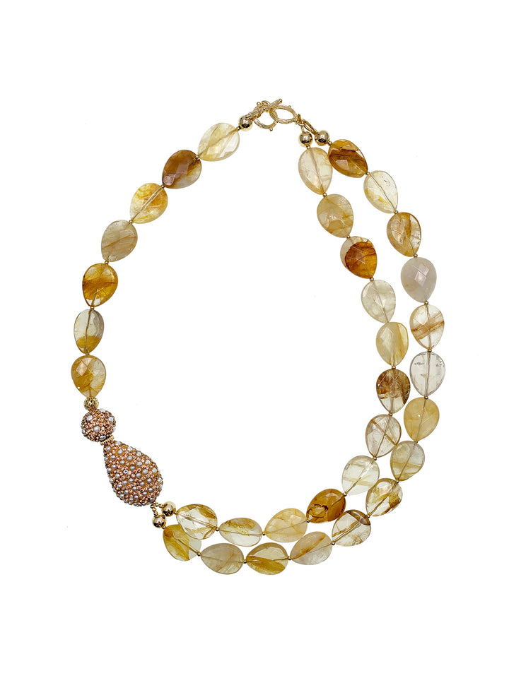Yellow Citrine With Rhinestones Asymmetric Necklace GN029 - FARRA