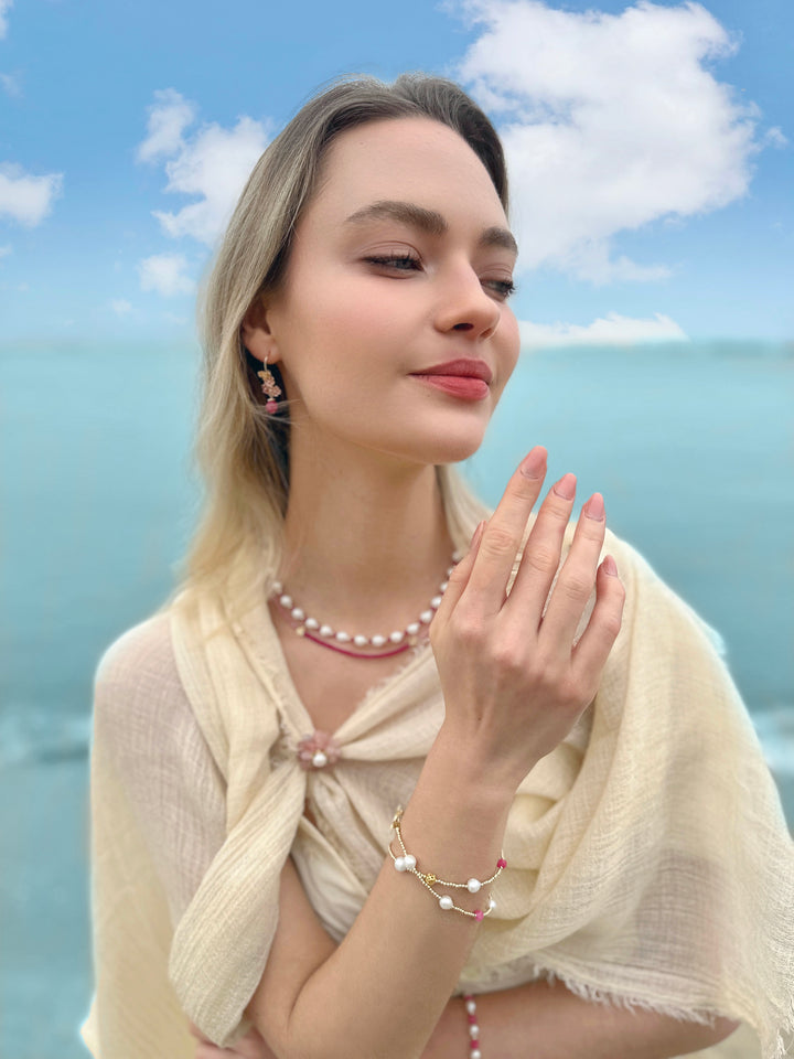Baroque Pearls With Pink Gemstones Double Layers Bracelet/ Choker LB001 - FARRA