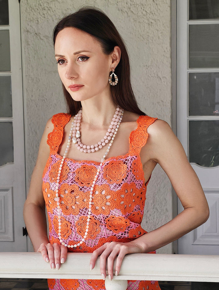 Faceted Rose Quartz With Baroque Pearls Double Layers Necklace PN039