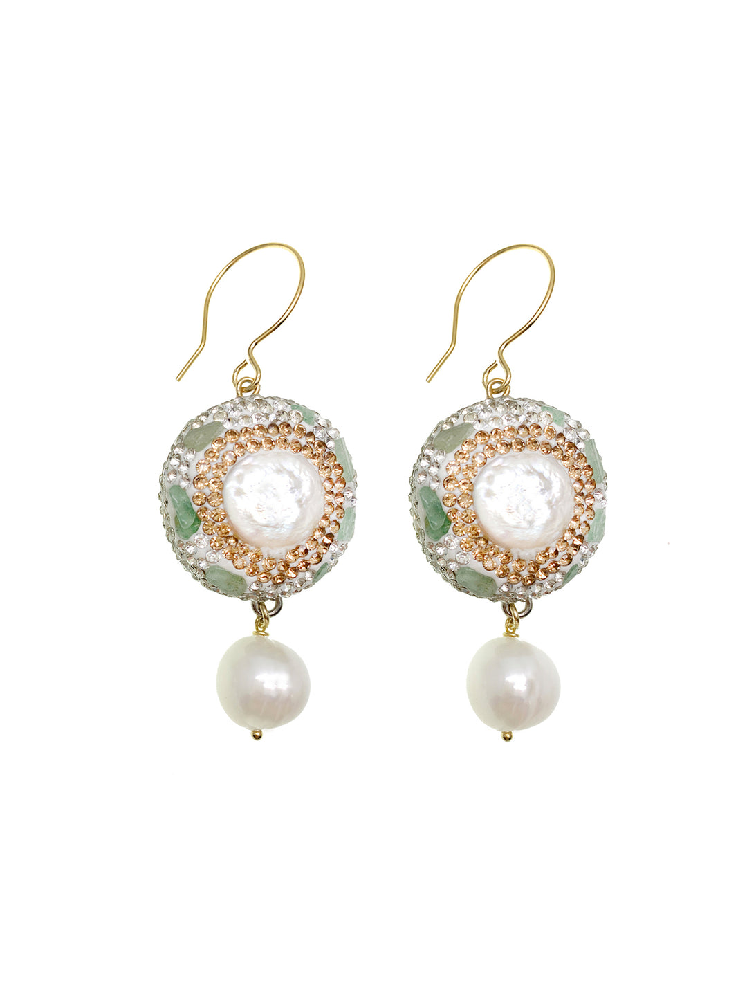 Aventurine Rhinestone With Freshwater Pearl Dangle Earrings GE015 - FARRA