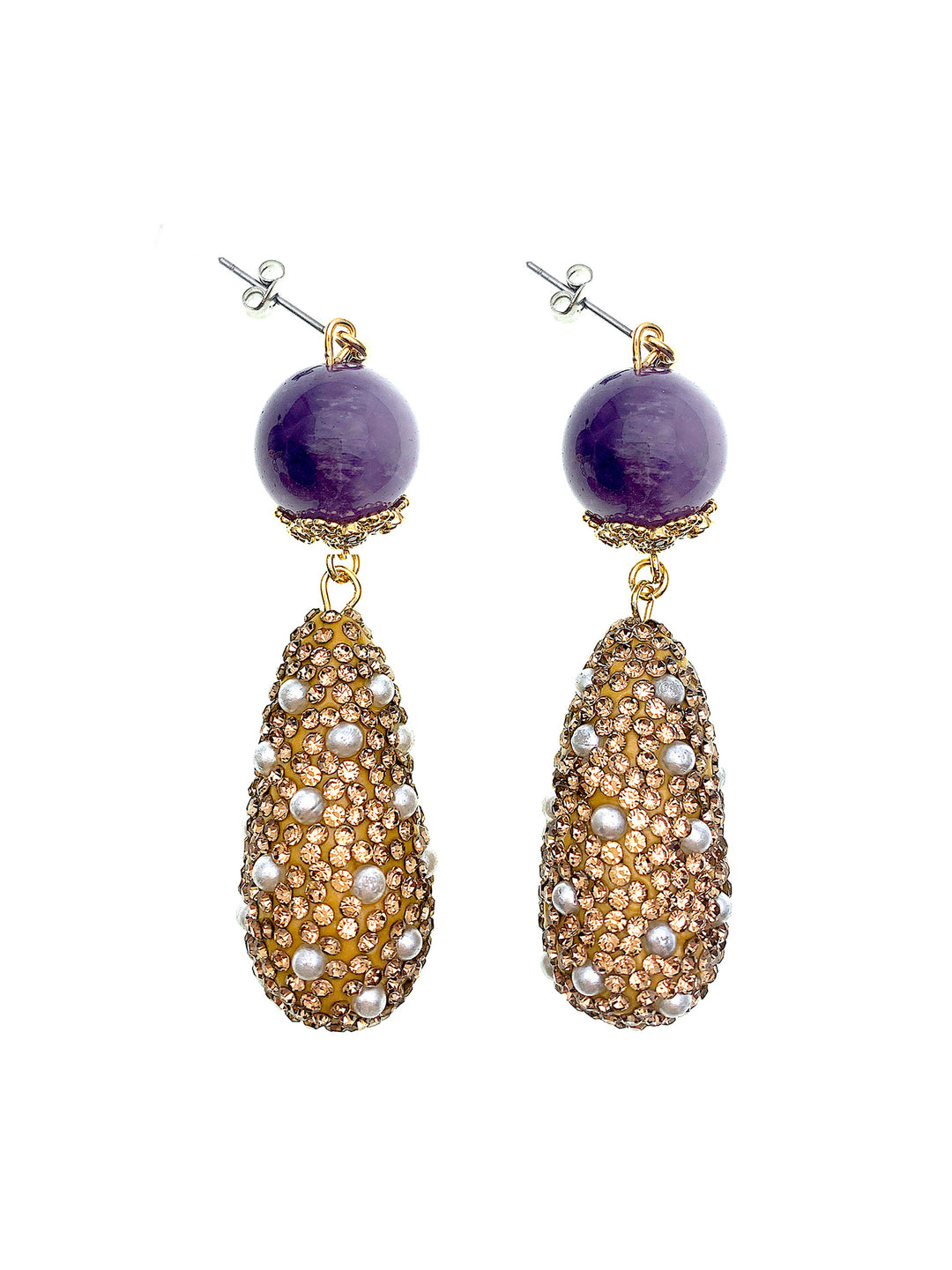 Sophisticated Amethyst With Teardrop Rhinestones Dangle Earrings FE015 - FARRA