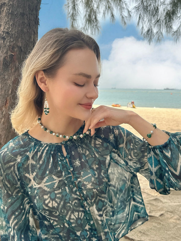Handcrafted Teardrop Freshwater Pearls With Malachite Earrings LE028 - FARRA