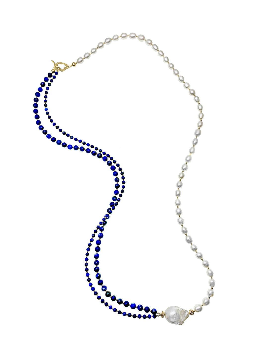 Round Lapis With Freshwater Pearls Multi-ways Long Necklace EN017 - FARRA