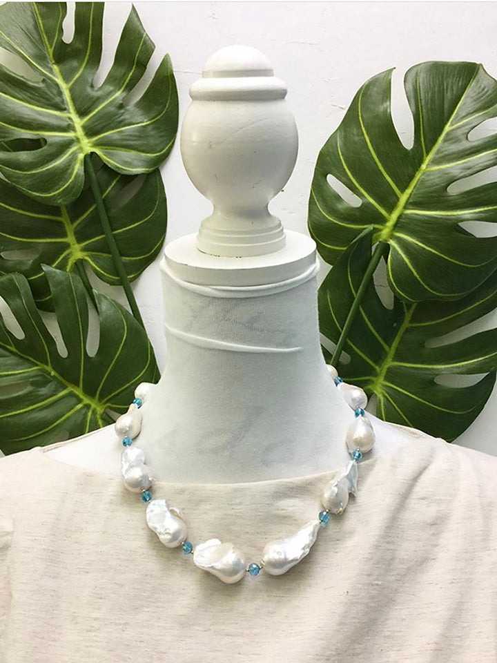 Baroque Pearls with Blue Crystals Necklace DN224 - FARRA