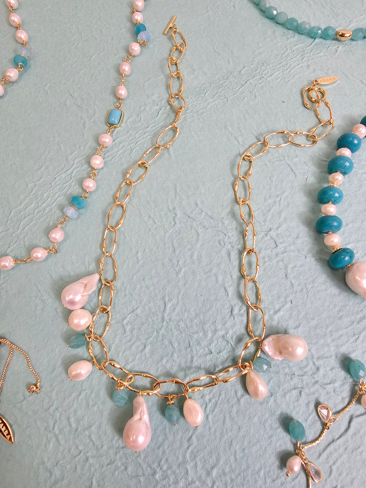 Baroque Pearls With Amazonite Charm Chain Necklace PN019