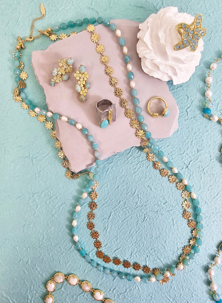 Amazonite With Flower Chain Double Layers Necklace PN016