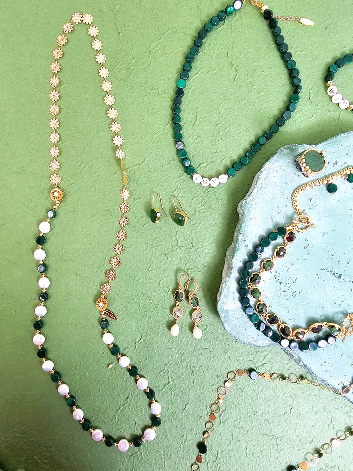 Coin Shaped Malachite And Freshwater Pearls With Flower Chain Versatile Necklace PN059