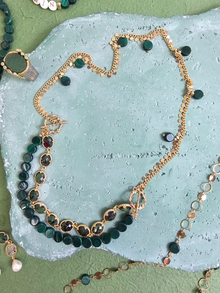Green Gemstone With Chain Versatile Necklace PN061