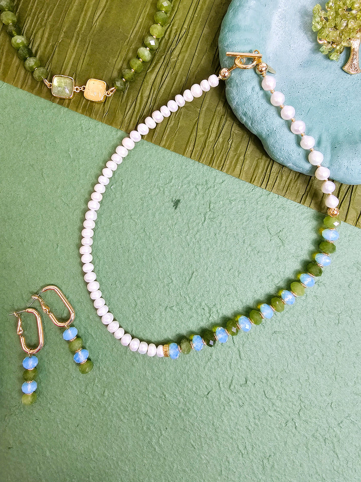 Freshwater Pearls With Green Jade And Opal Color Matching Necklace PN069