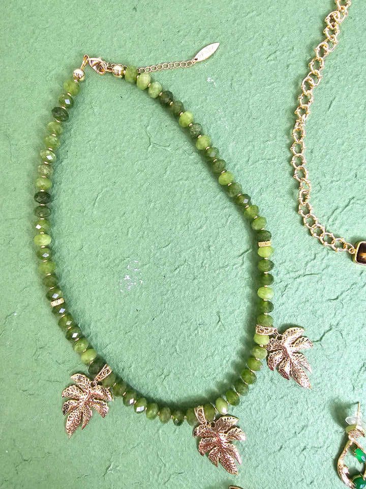 Green Jade With Leaves Pendant Statement Necklace PN066