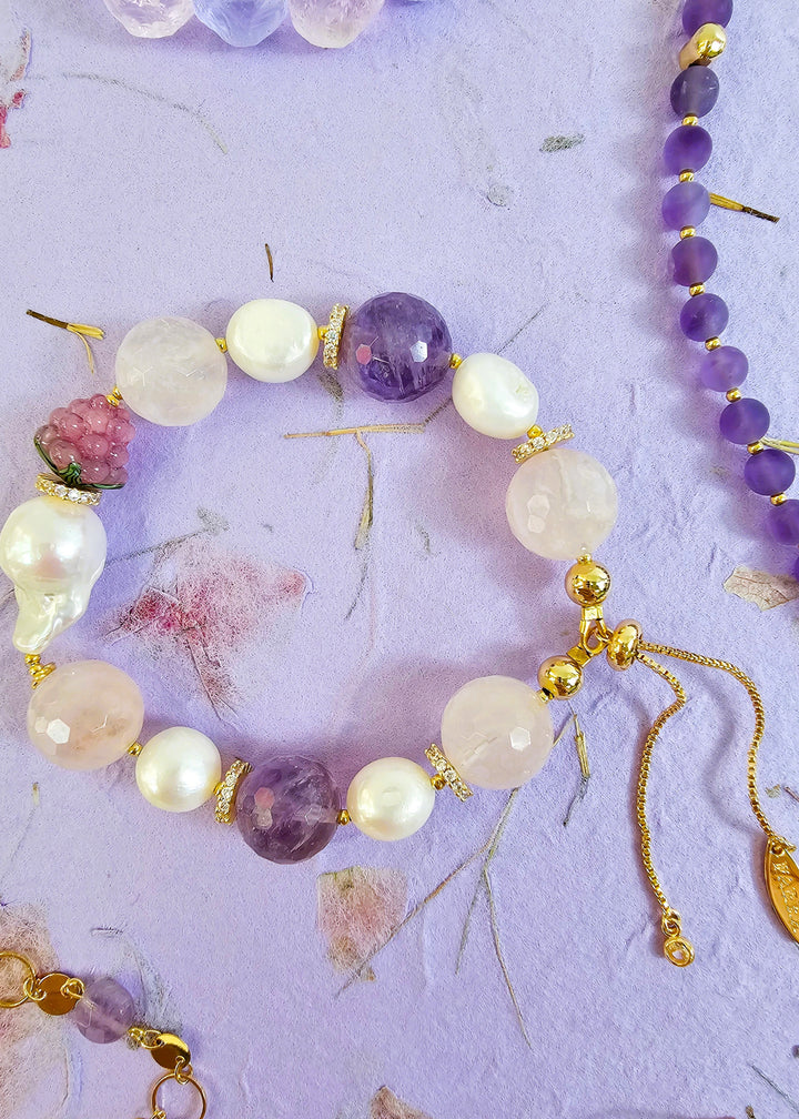 Baroque Pearls With Rose Quartz Amethyst And Raspberry Bracelet PB003