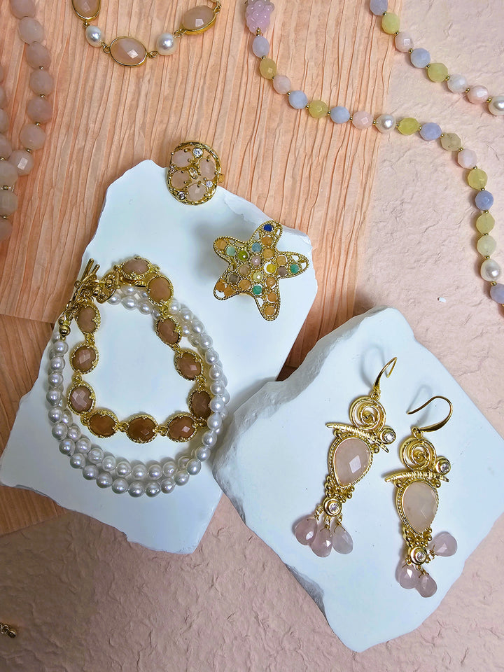 Bohemian Pink Rose Quartz Chandelier Earrings PE028