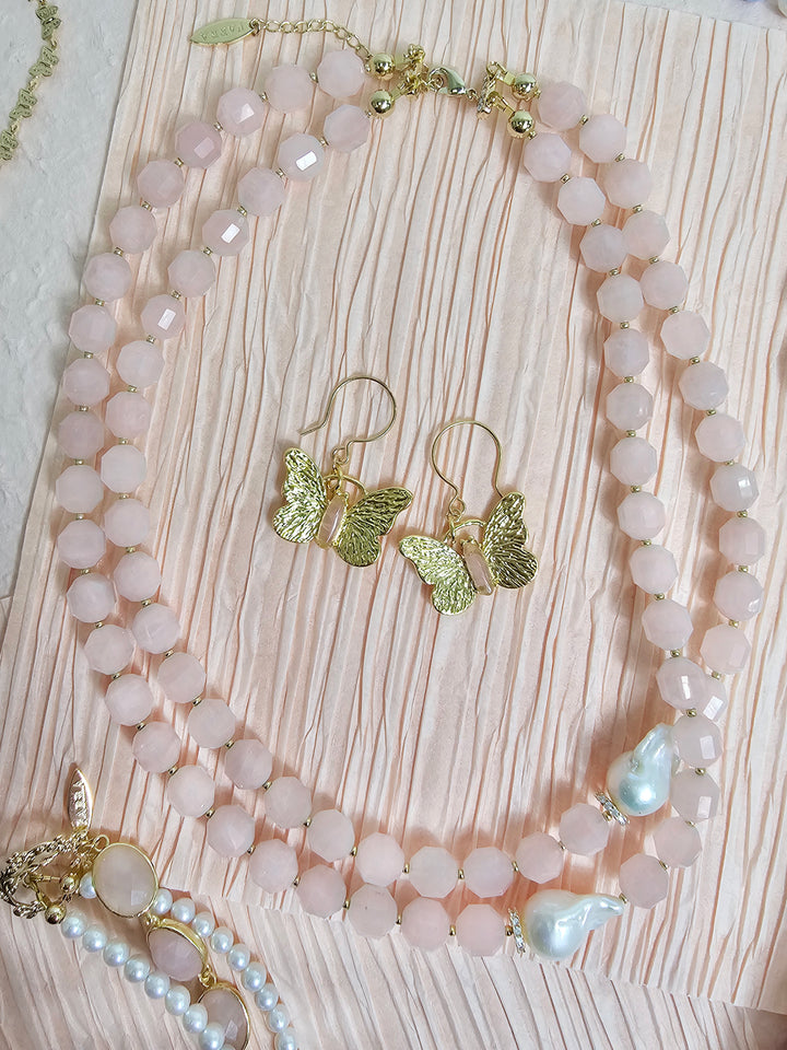 Faceted Rose Quartz With Baroque Pearls Double Layers Necklace PN039