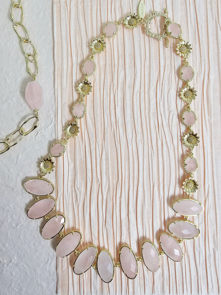Rose Quartz With Flower Chain Statement Necklace PN038