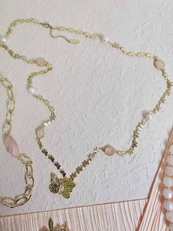 Butterfly Pendant With Rose Quartz Stones Long Necklace PN037