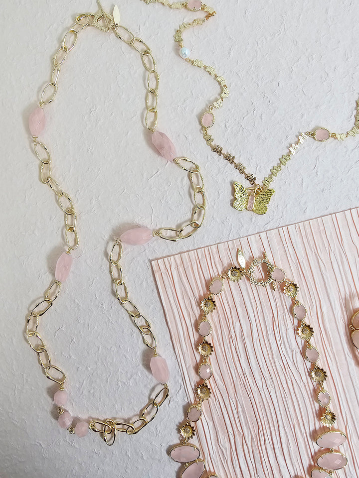 Nugget Rose Quartz With Chain Long Necklace PN036