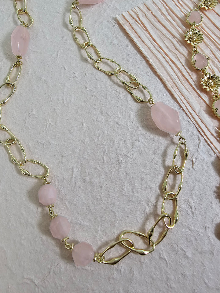 Nugget Rose Quartz With Chain Long Necklace PN036
