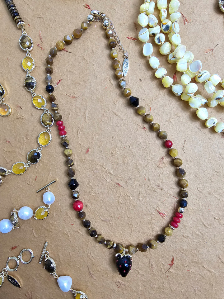 Tiger-eye With Bamboo Coral And Black Strawberry Pendant Necklace PN056
