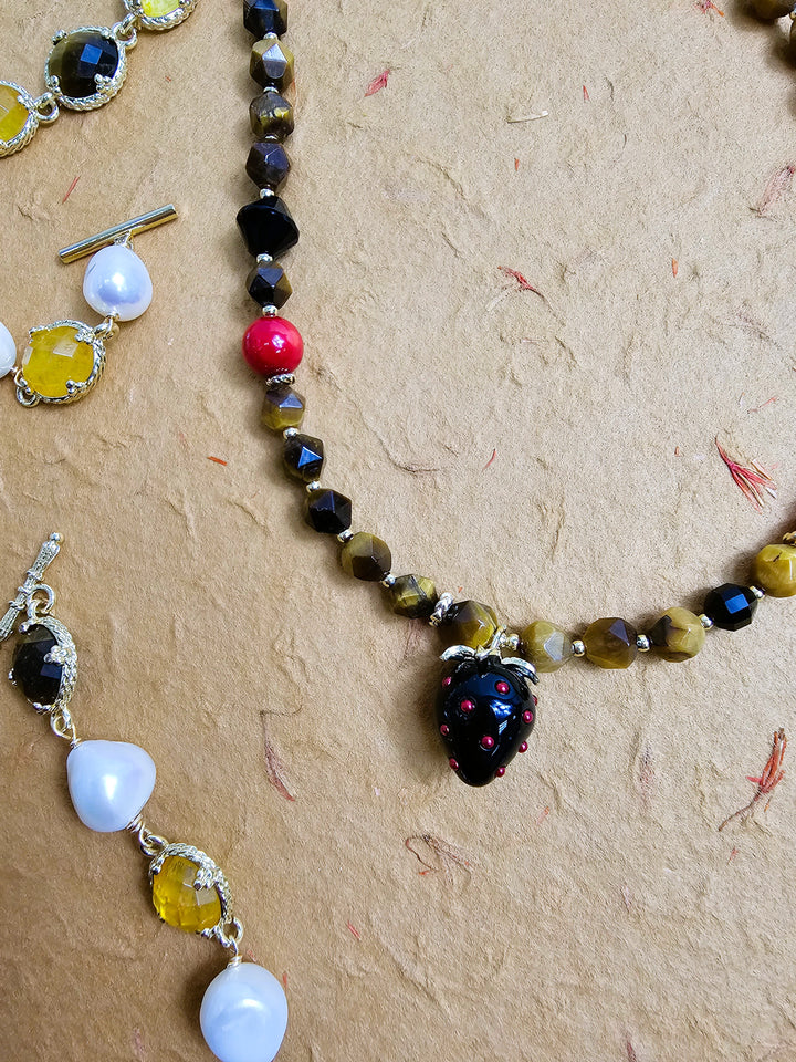 Tiger-eye With Bamboo Coral And Black Strawberry Pendant Necklace PN056