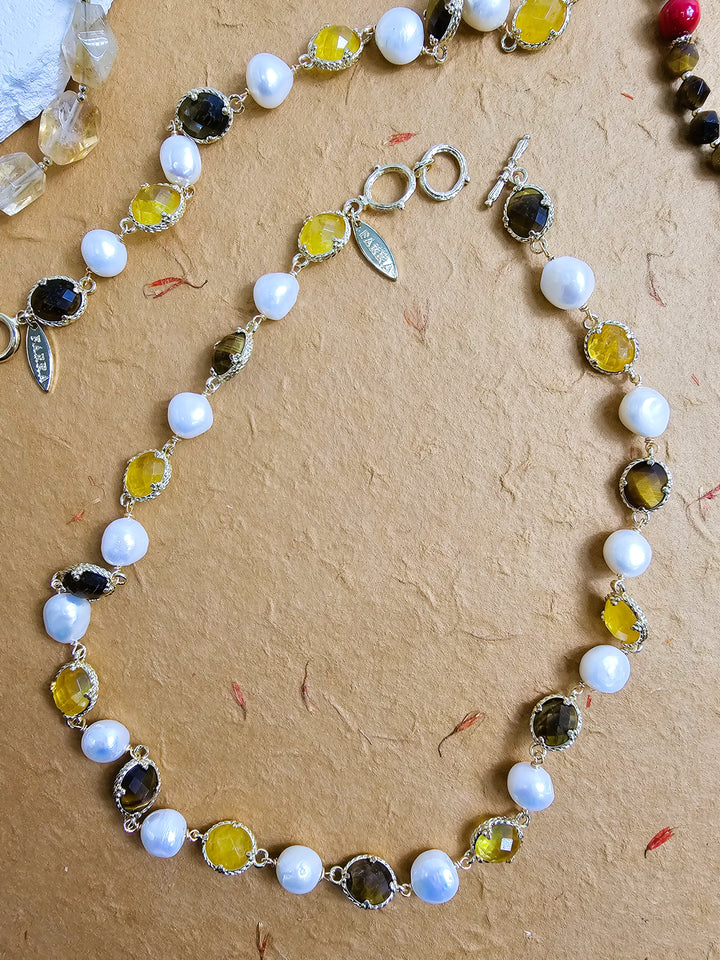 Irregular Freshwater Pearls With Yellow Quartz And Tiger-eye Stone Necklace PN055