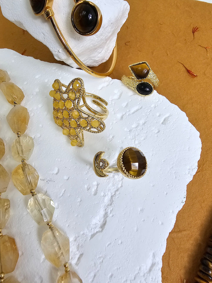Brown Tiger-eye And Black Agate Open Ring PR019
