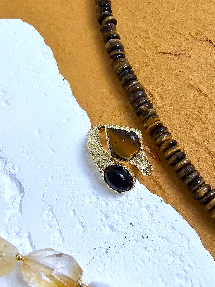 Brown Tiger-eye And Black Agate Open Ring PR019