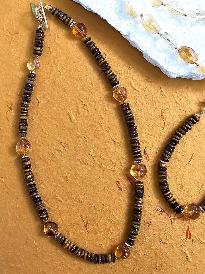 Brown Tiger-eye With Heart Shaped Citrine Short Necklace PN052