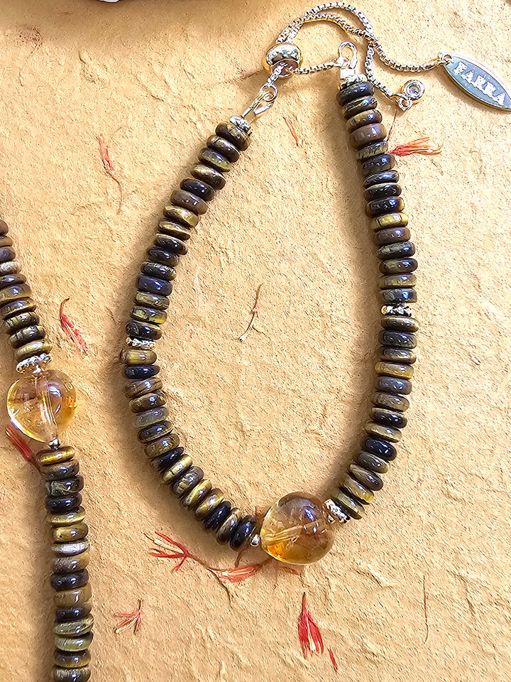 Tiger-eye With Heart Citrine Adjustable Bracelet PB020