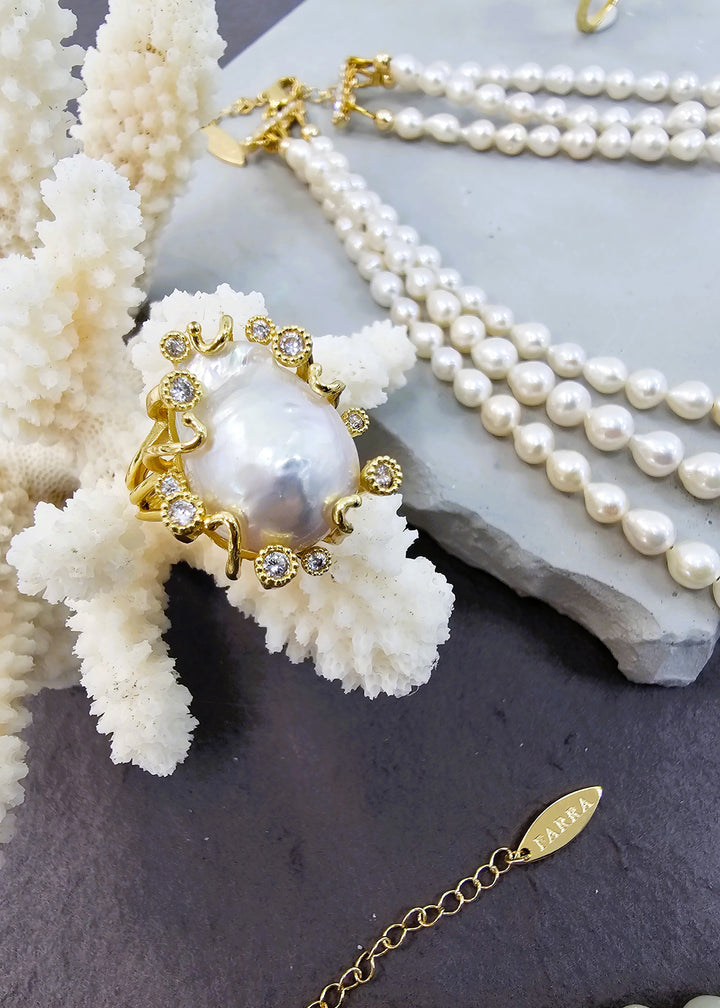 Baroque Pearls With Gold Band Adjustable Ring PR002