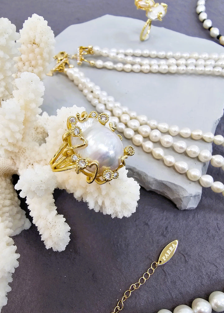 Baroque Pearls With Gold Band Adjustable Ring PR002