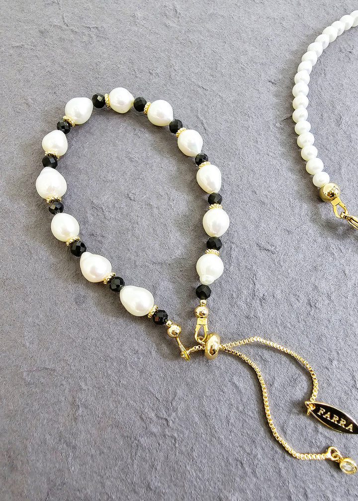 Freshwater Pearls With Black Obsidian Adjustable Bracelet PB001