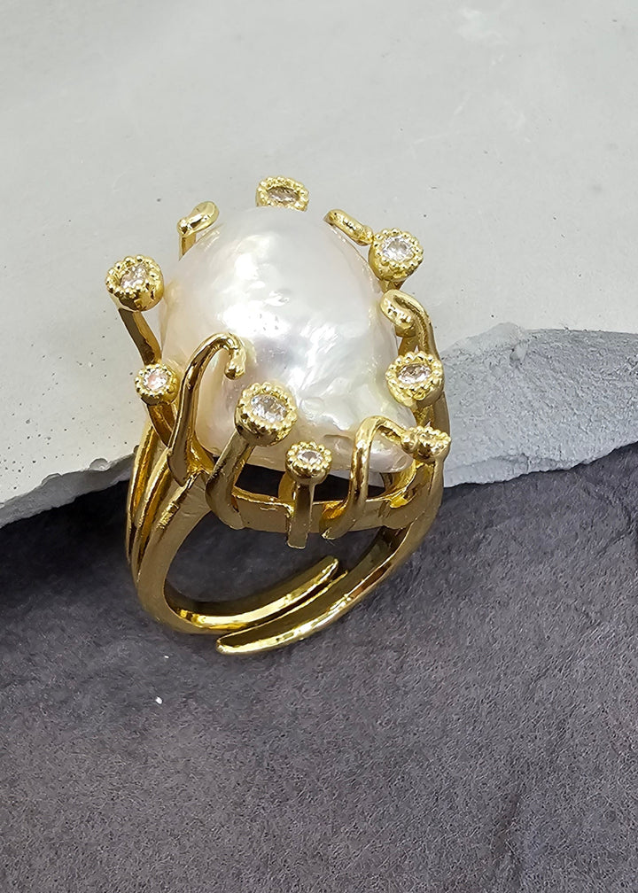 Baroque Pearls With Gold Band Adjustable Ring PR002