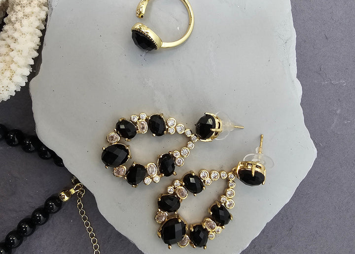 Teardrop Shaped Black Obsidian Statement Earrings PE001