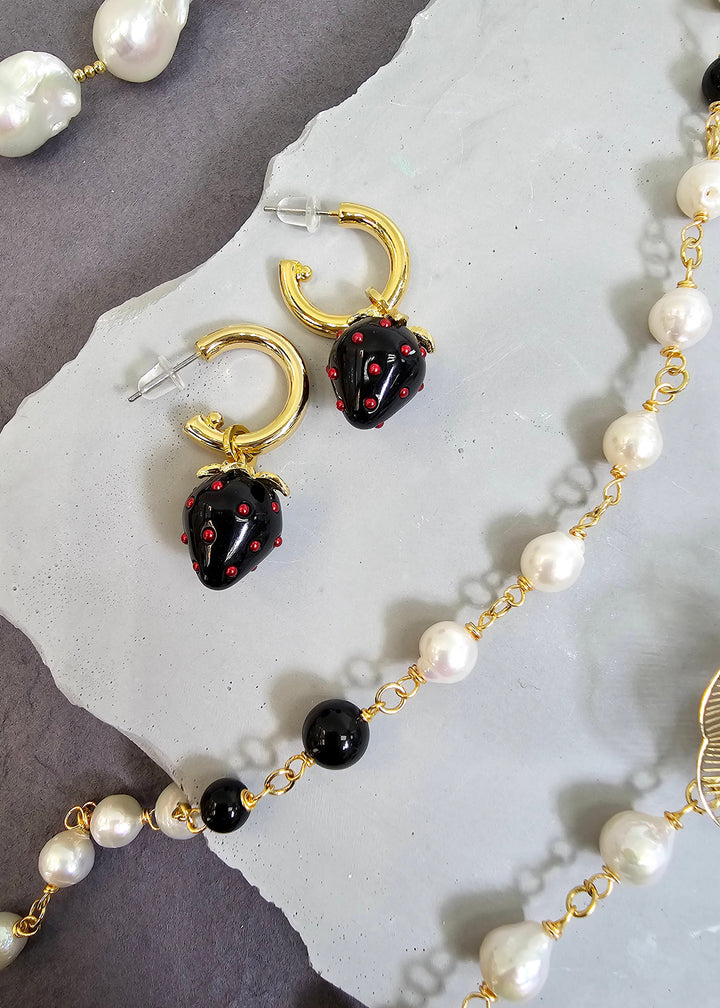 Black Strawberry Dangle Hoop Earrings PE005