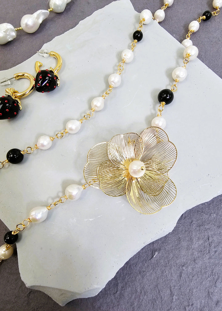 Freshwater Pearls And Black Obsidian With Flower Charm Long Necklace PN004