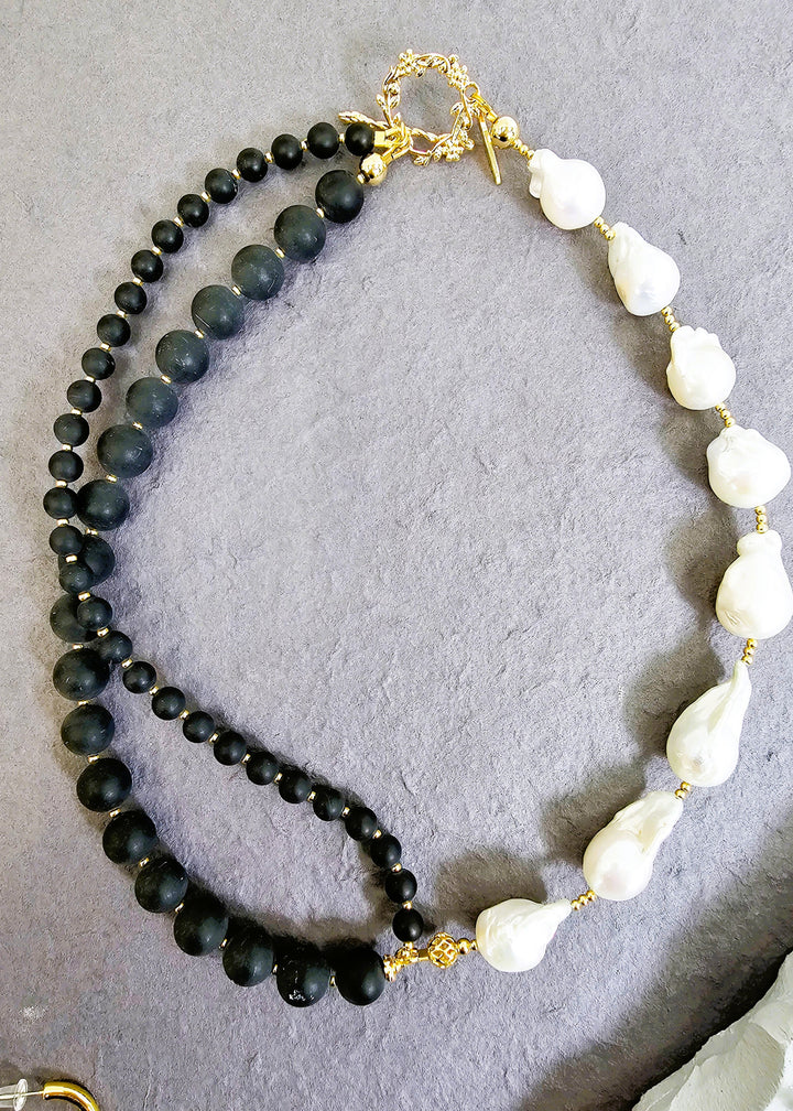 Black Obsidian And White Baroque Pearls Necklace PN003
