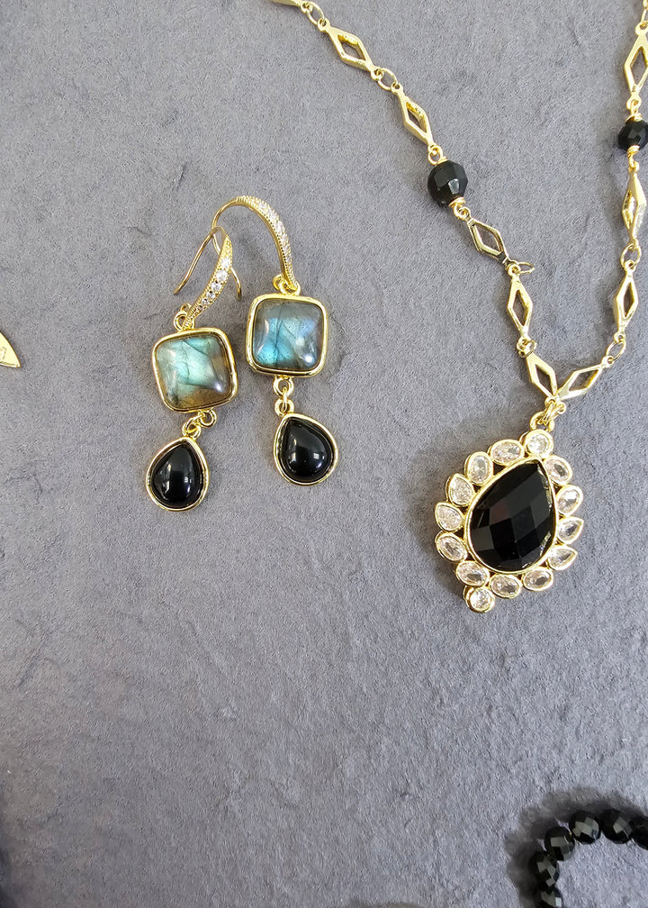 Labradorite With Teardrop Obsidian Earrings PE003