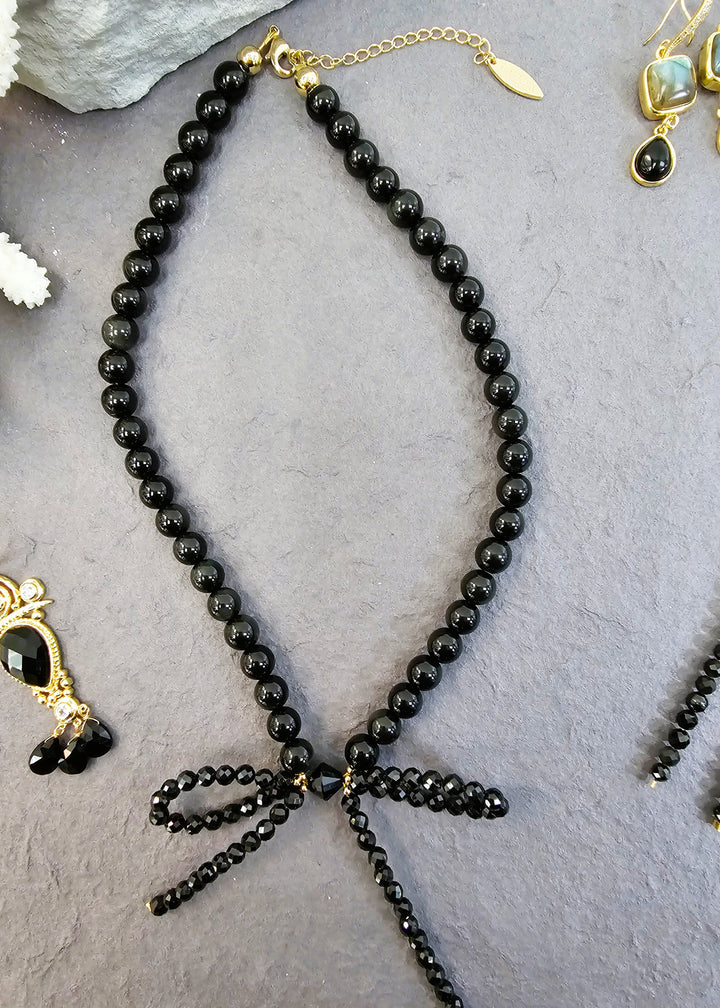 Black Obsidian Butterfly Knot Statement Necklace PN001