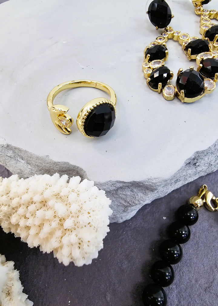 Black Agate And Zircon Open Ring PR001