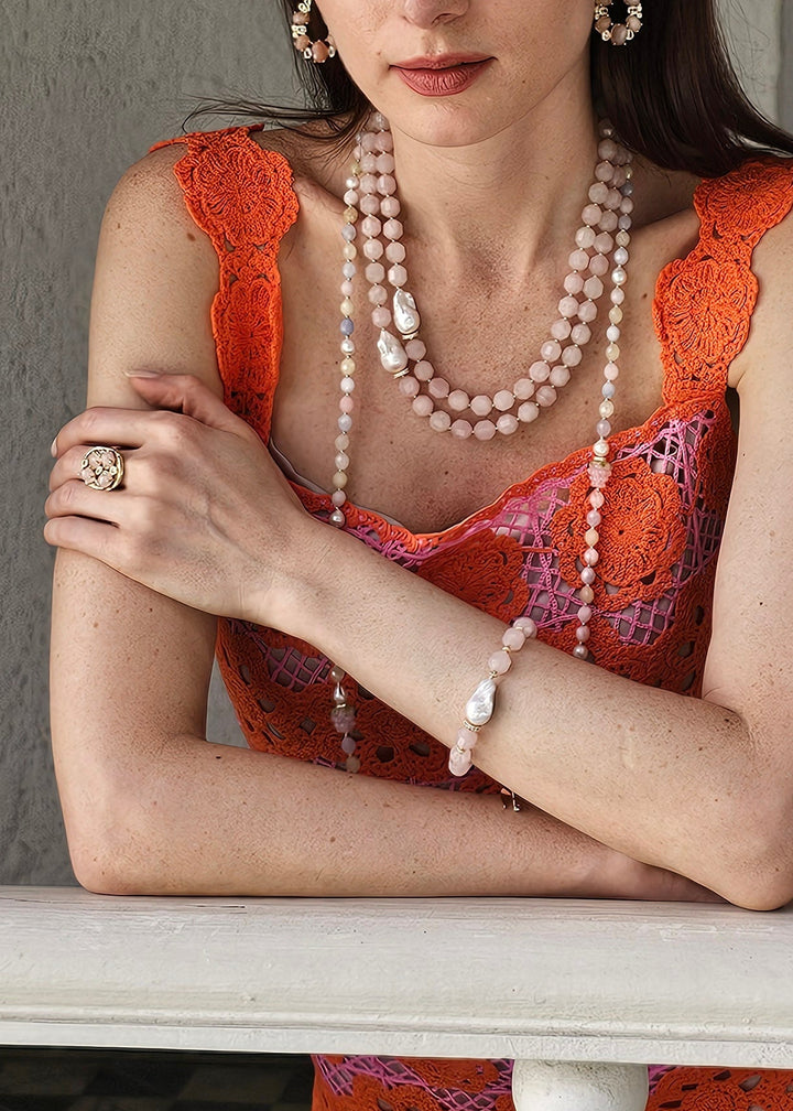 Faceted Rose Quartz With Baroque Pearl Adjustable Bracelet PB015