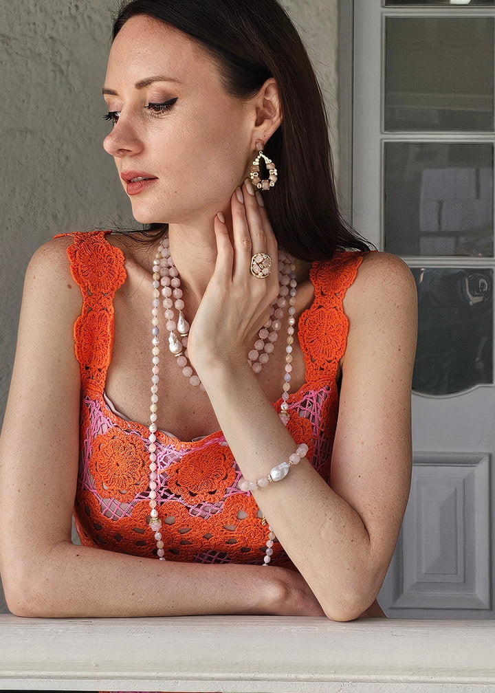 Faceted Rose Quartz With Baroque Pearl Adjustable Bracelet PB015