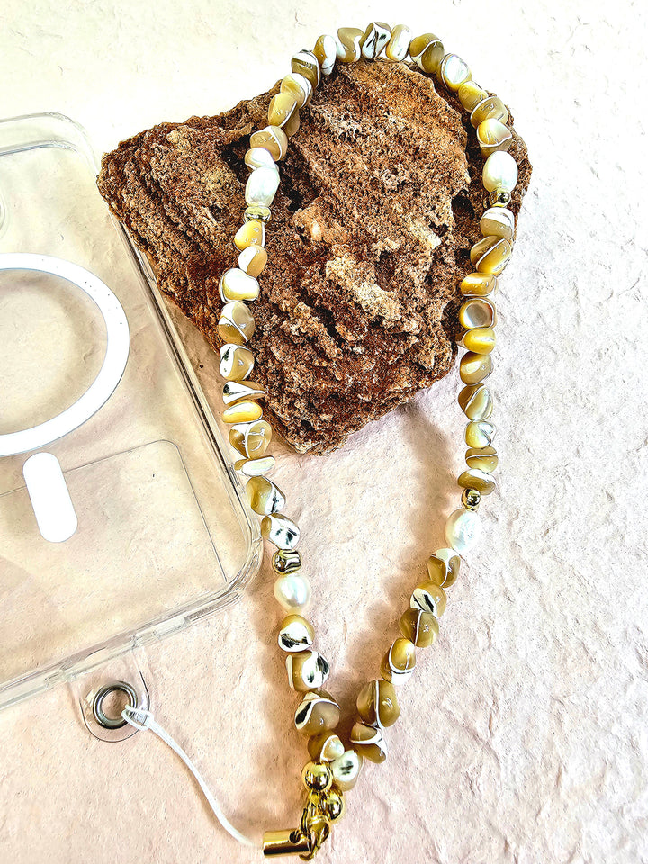 Brown Color Natural Shell With Freshwater Pearls Phone Strap PC036