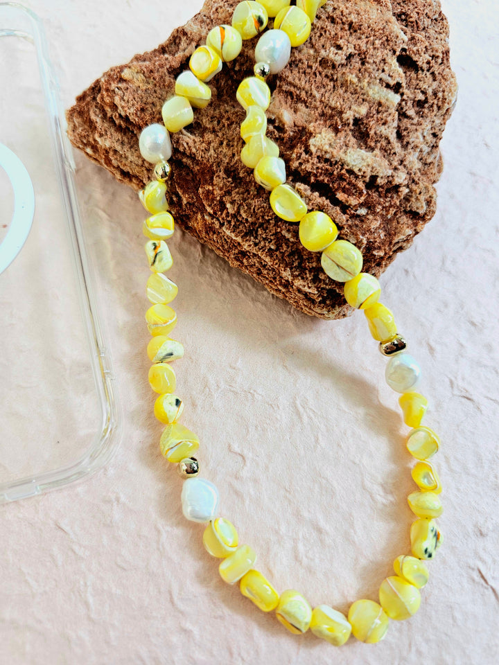 Yellow Natural Shell With Freshwater Pearls Phone Strap PC001
