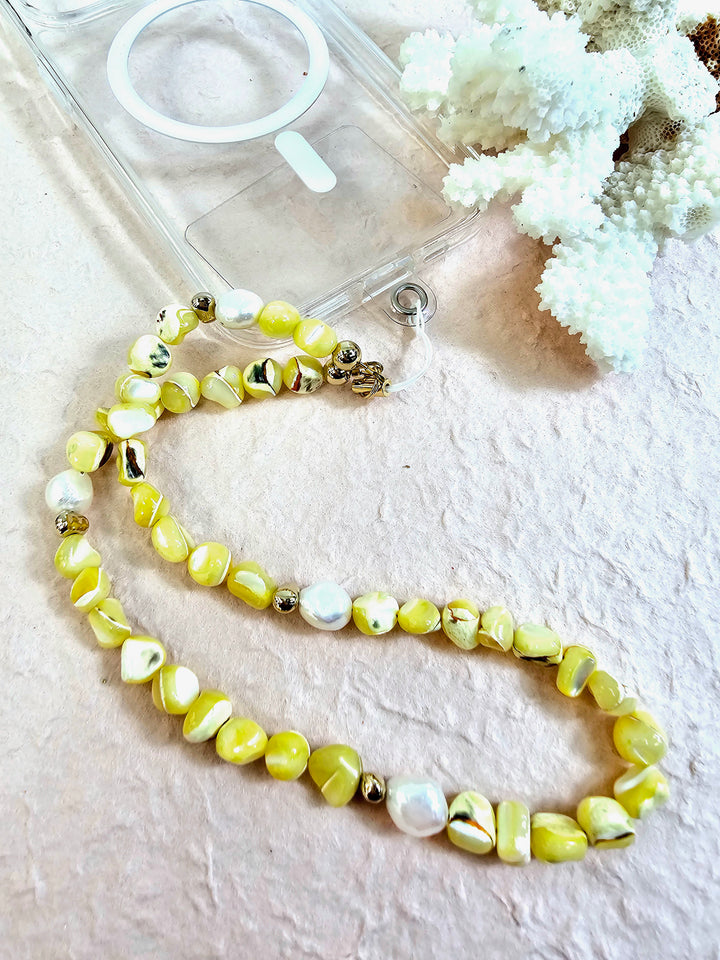 Yellow Natural Shell With Freshwater Pearls Phone Strap PC001