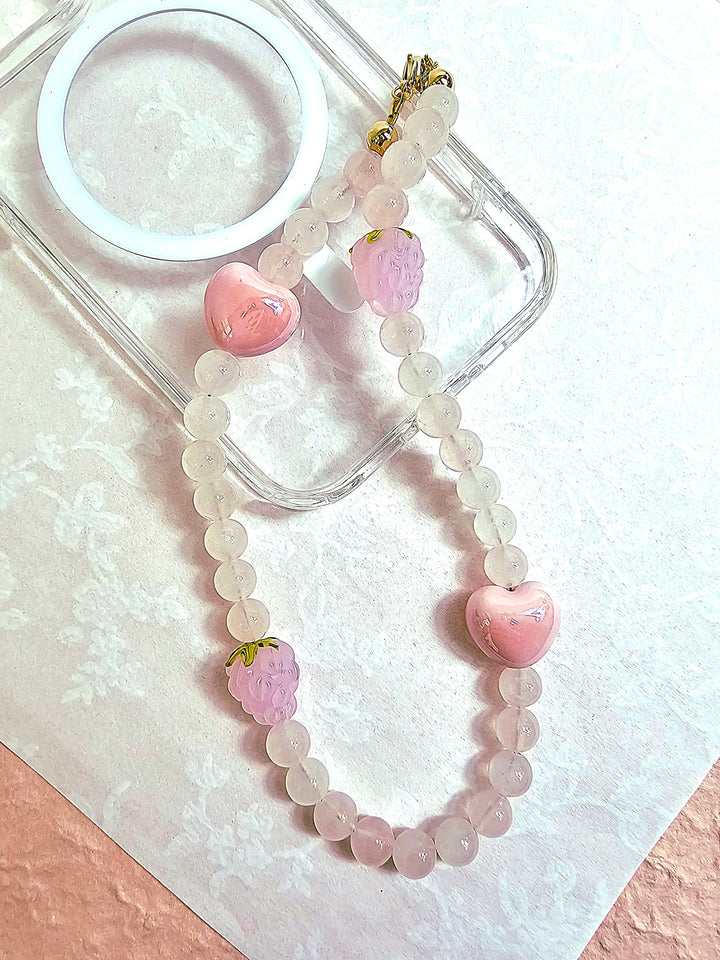 Rose Quartz With Pink Hearts Phone Strap PC017