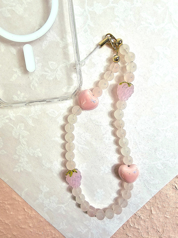Rose Quartz With Pink Hearts Phone Strap PC017